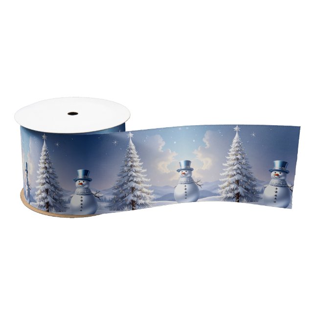 Blue Hat Snowman Christmas Tree Holiday Satin Satin Ribbon (Spool)