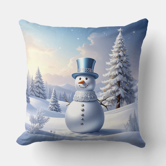 Blue Hat Snowman Christmas Tree Holiday Throw Pillow (Front)