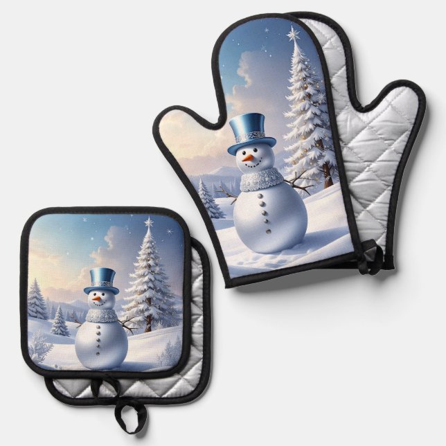 Blue Hat Snowman Christmas Tree Oven Mitt & Pot Holder Set (Front/Back)