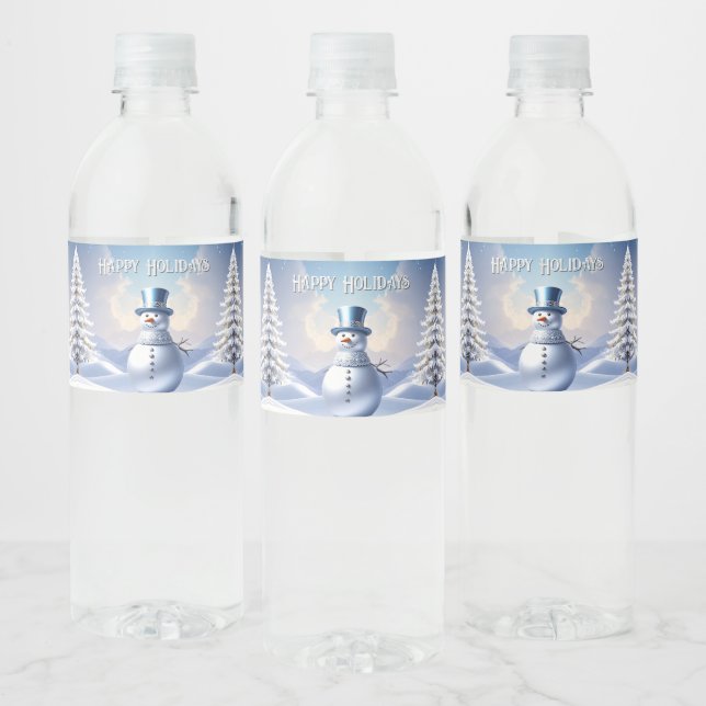 Blue Hat Snowman Christmas Tree Water Bottle Label (Bottles)