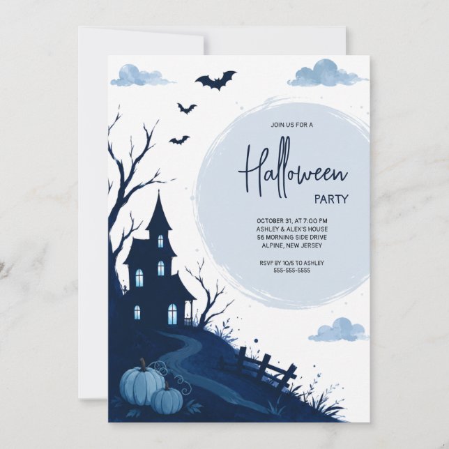 Blue Haunted House Halloween Party  Invitation (Front)