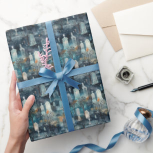 Blue Haunted Midnight Graveyard Watercolor Wrapping Paper