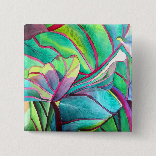Blue Hawaii Tropical leaf foliage art 2 Inch Square Button (Front)