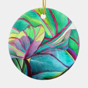 Blue Hawaii Tropical leaf foliage art Ceramic Ornament