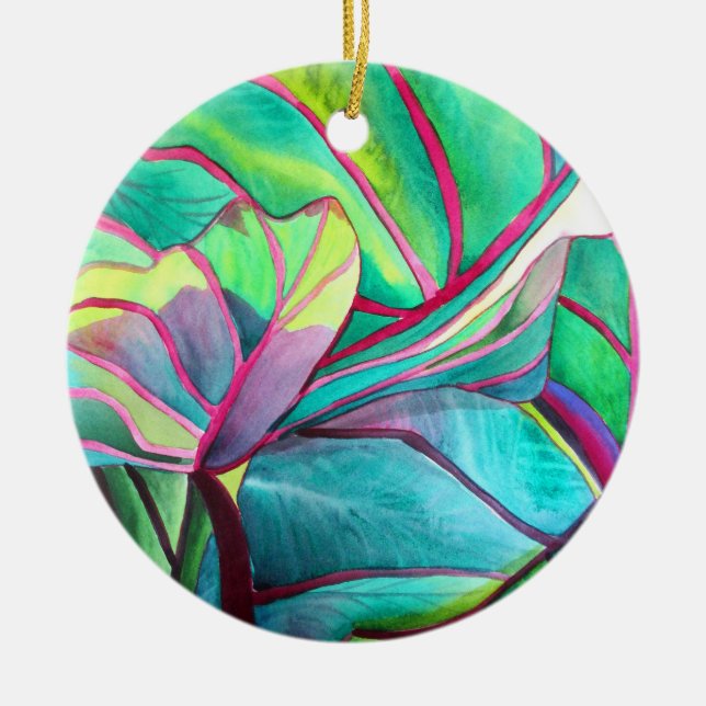 Blue Hawaii Tropical leaf foliage art Ceramic Ornament (Front)