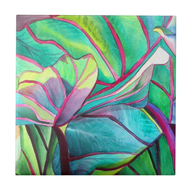 Blue Hawaii Tropical leaf foliage art Tile (Front)