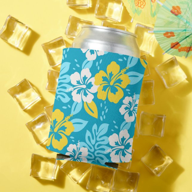 Blue Hawaiian Hibiscus Floral Pattern Can Cooler (In Situ Summer)