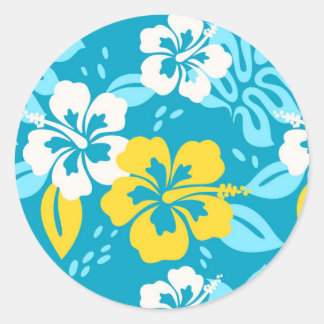 Blue Hawaiian Hibiscus Floral Pattern Classic Round Sticker
