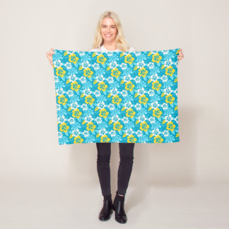 Blue Hawaiian Hibiscus Floral Pattern Fleece Blanket