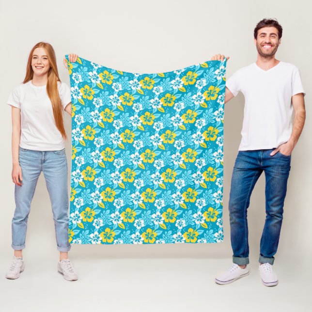 Blue Hawaiian Hibiscus Floral Pattern Fleece Blanket (In Situ)