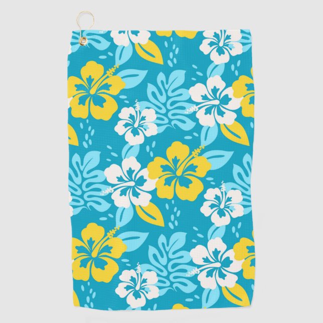 Blue Hawaiian Hibiscus Floral Pattern Golf Towel (Front)