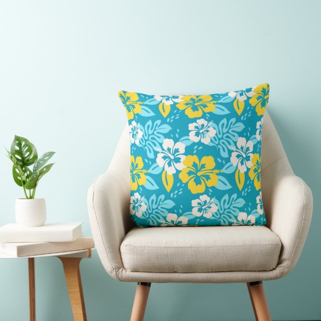 Blue Hawaiian Hibiscus Floral Pattern Throw Pillow (Chair)
