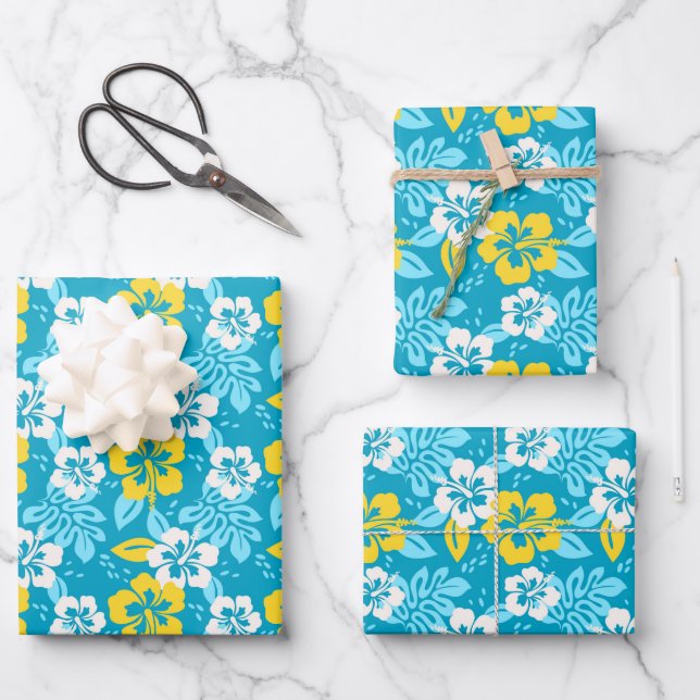 Blue Hawaiian Hibiscus Floral Pattern Wrapping Paper Sheet (Front)