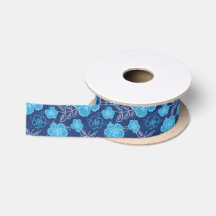 Blue Hawaiian Hibiscus Pattern Satin Ribbon