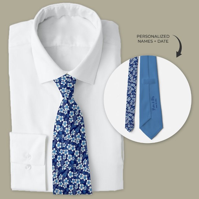 Blue Hawaiian Plumeria Flowers Personalized Tie (Blue Hawaiian personalized wedding ties for groomsmen and groom.)