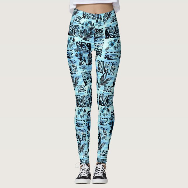 Blue Hawaiian Print Aloha Spirit Leggings (Front)