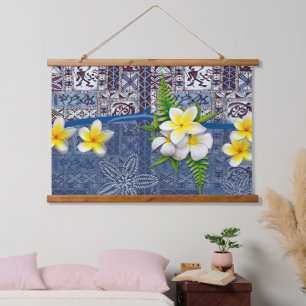 Blue Hawaiian Tapa and Plumeria Hanging Tapestry