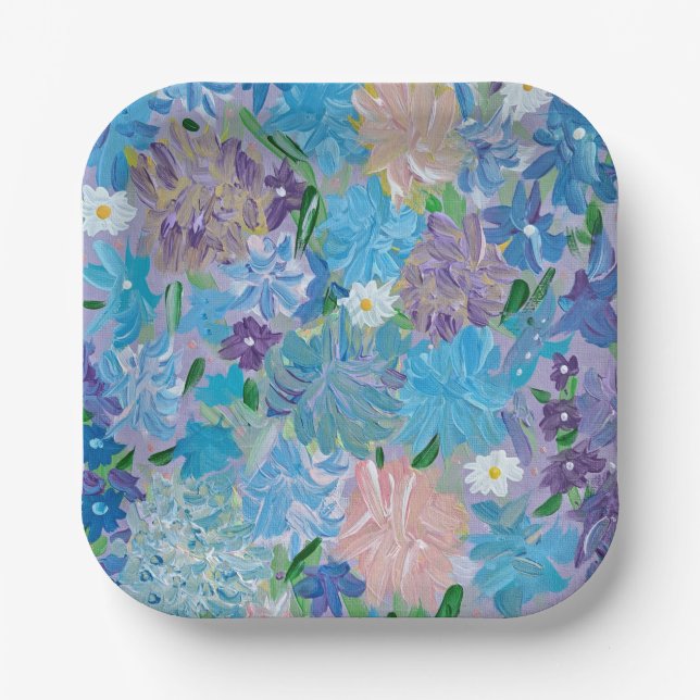 Blue Haze Floral 7" Square Paper Plates (Front)