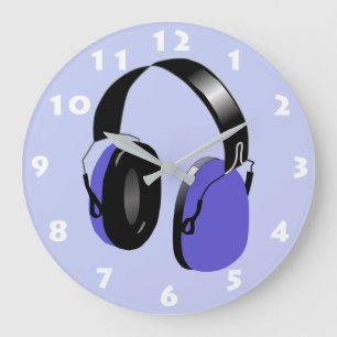 BLUE HEADPHONES ILLUSTRATION WITH WHITE NUMERALS LARGE CLOCK