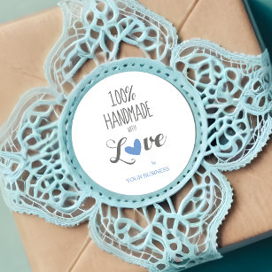 Blue Heart 100% Handmade with Love Quote Classic Round Sticker