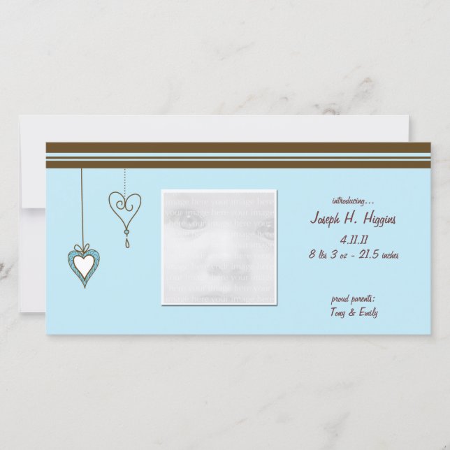 Blue Heart Baby Announcement Photo Cards (Front)