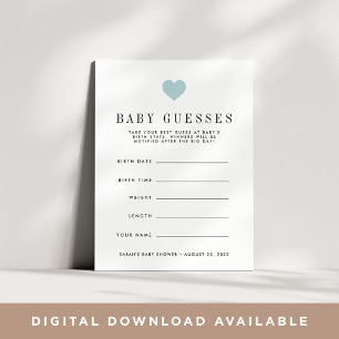 Blue Heart Baby Shower Guessing Game Card