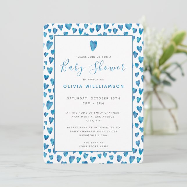 Blue Heart Baby Shower Invitation (Standing Front)