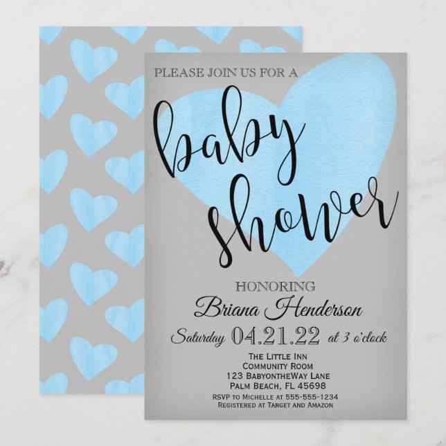 Blue Heart Baby Shower Invitation for a Boy Script (Front/Back)