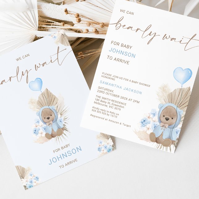 Blue Heart Balloon Bearly Wait Baby Shower  Invitation (We can bearly wait for baby to arrive baby shower invitation with blue heart shaped balloon.)