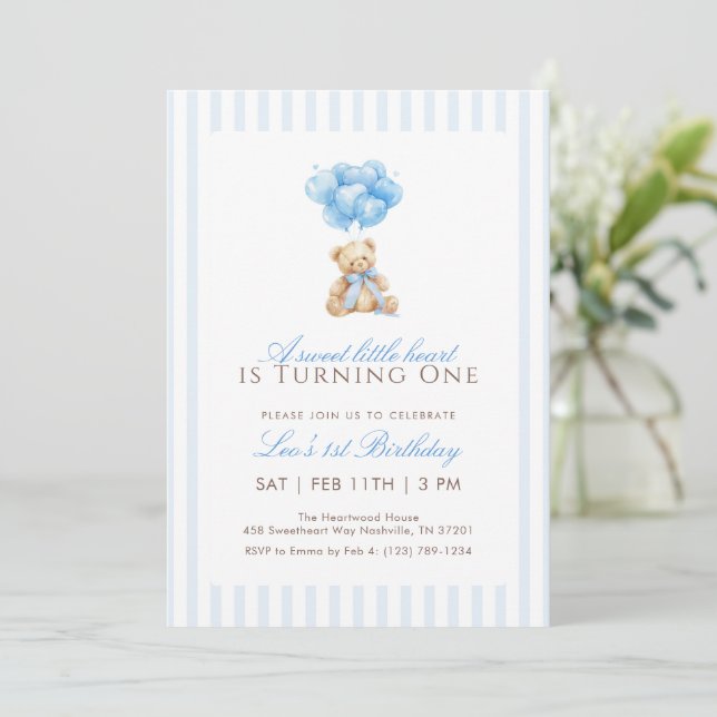 Blue Heart Balloon Teddy Bear 1st Birthday Invitation (Standing Front)