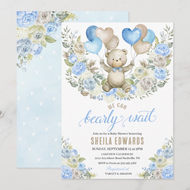 Blue Heart Balloon Teddy Bear Boy Baby Shower Invitation (Front/Back)