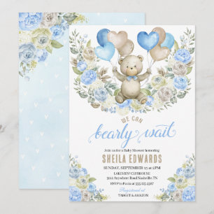 Blue Heart Balloon Teddy Bear Boy Baby Shower Invitation