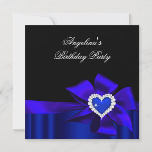 Blue Heart Black Birthday Party Bow Image Invitation