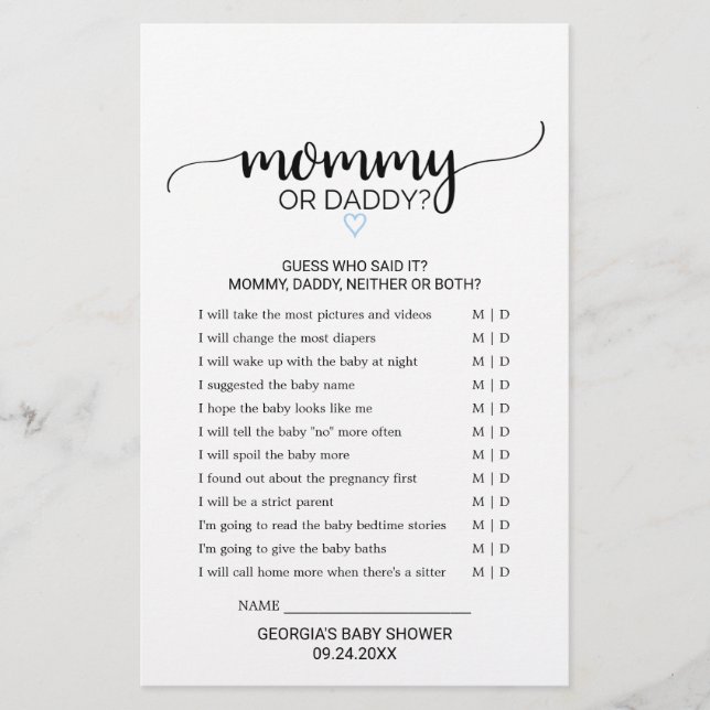Blue Heart | Black Calligraphy Mommy or Daddy Game (Front)