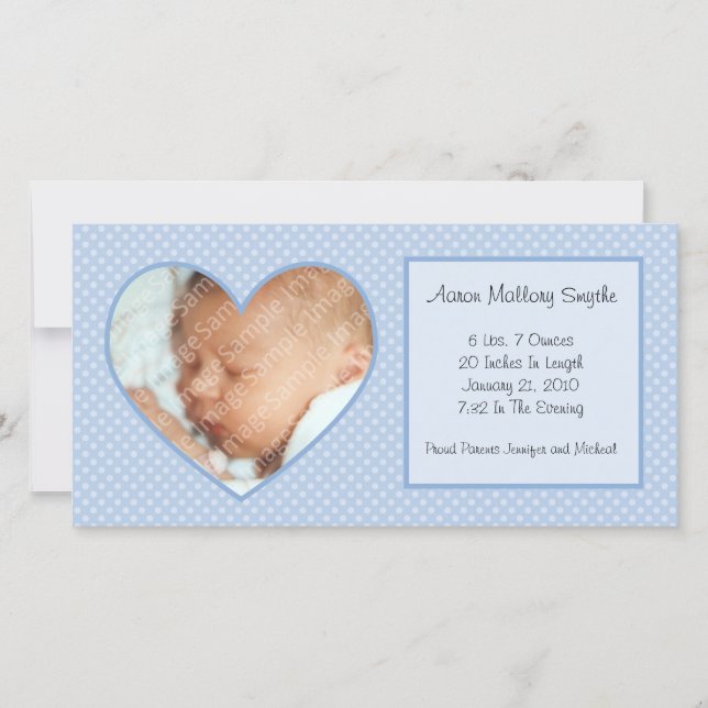 Blue Heart Dots New Baby Photo Card (Front)
