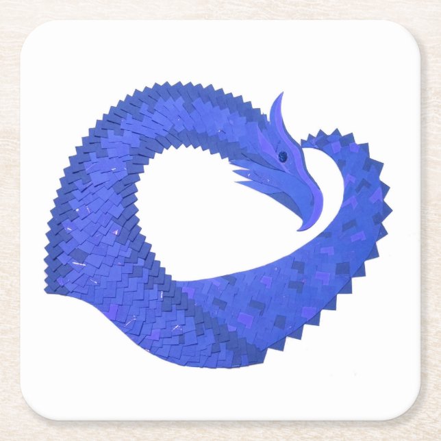 Blue heart dragon on white square paper coaster (Front)