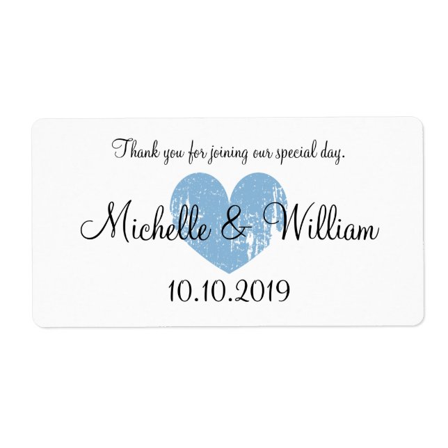 Blue heart favour wedding water bottle labels (Front)