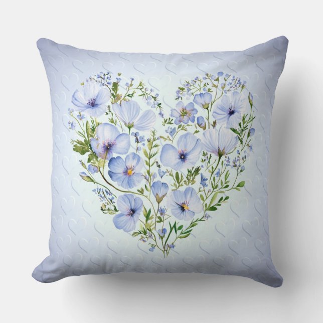 Blue Heart Floral Throw Pillow (Front)