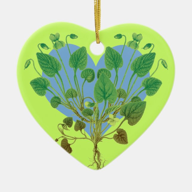 Blue Heart Green Leaves Ceramic Ornament (Front)