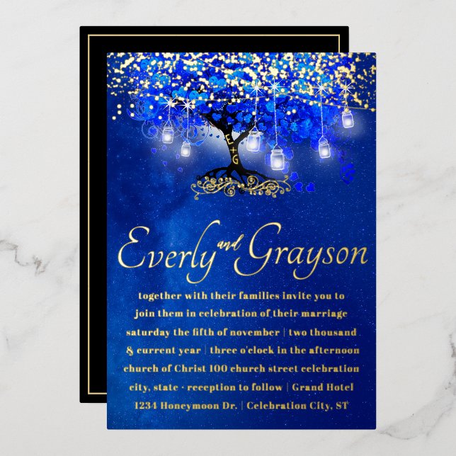 Blue Heart Leaf Tree Gold Wedding  (Front/Back)