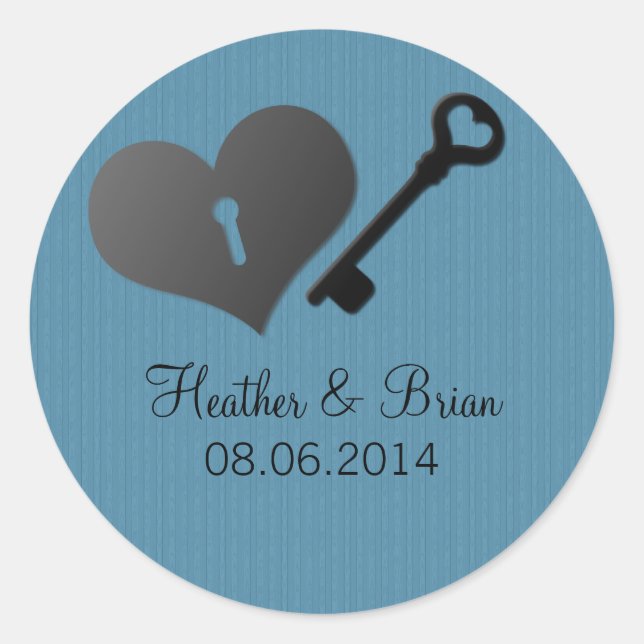 Blue Heart Lock and Key Wedding Stickers (Front)