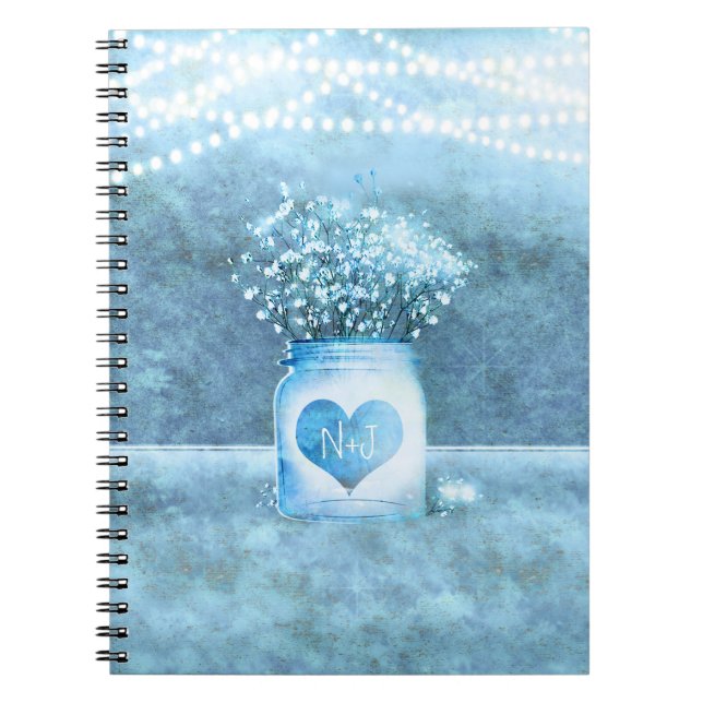 Blue Heart Mason Jar & Baby's Breath Rustic Notebook (Front)