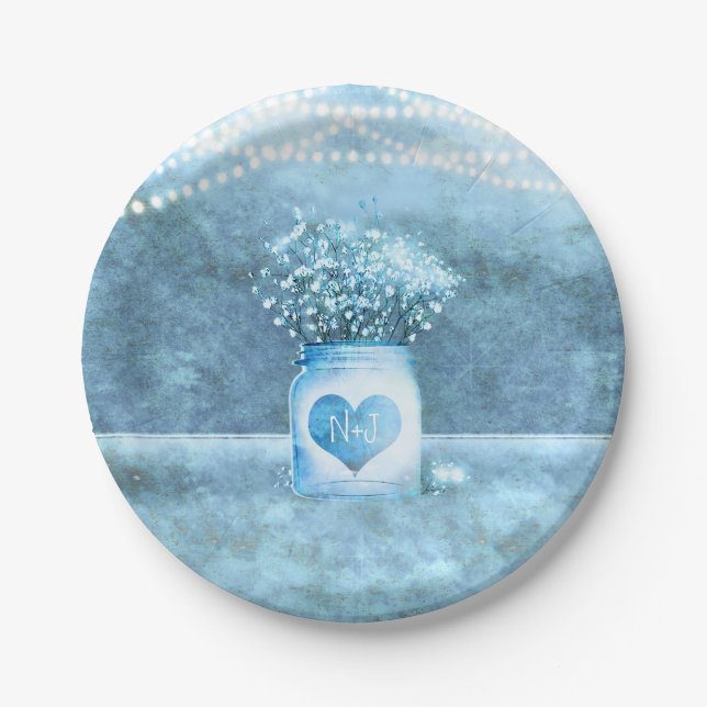 Blue Heart Mason Jar & Baby's Breath Wedding Paper Plate (Front)