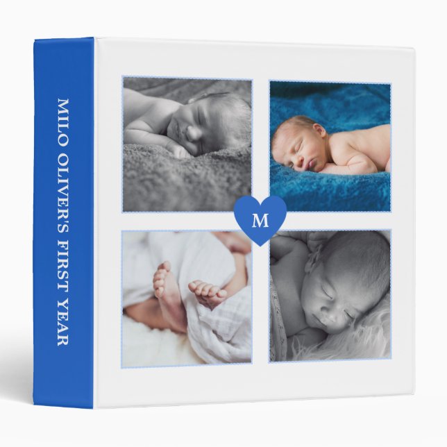 Blue Heart Monogram Photo Collage Baby Binder (Front/Spine)