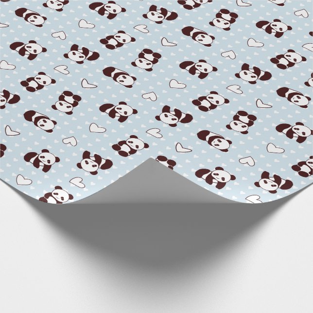 Blue heart panda bear patterned wrapping paper (Corner)