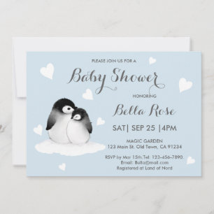 Blue Heart Penguin Baby Shower Invitations
