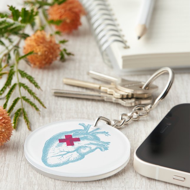 Blue Heart Red X Keychain clear background (Front Right)