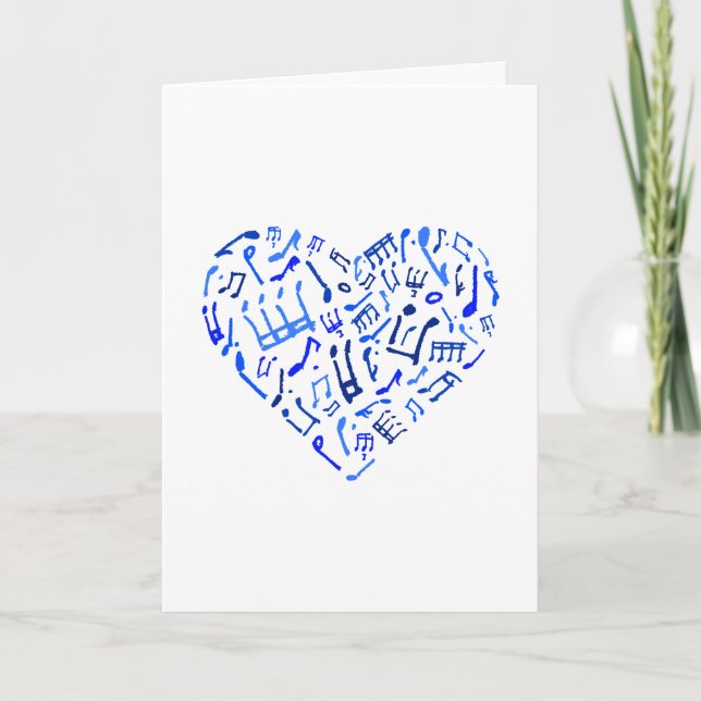 Blue Heart Shaped Music Notes Greeting Card (Front)