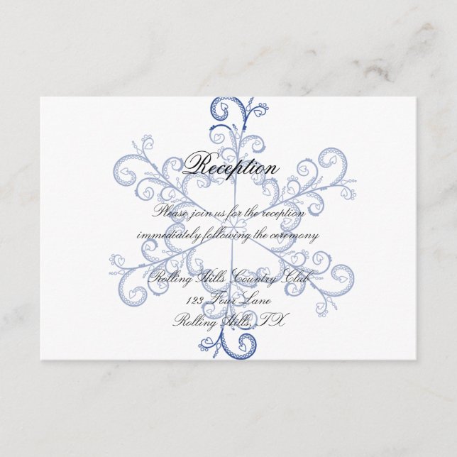 Blue Heart Snowflake Wedding Reception Enclosure Card (Front)