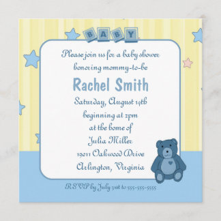 Blue Heart Teddy Bear Baby Shower Invitation